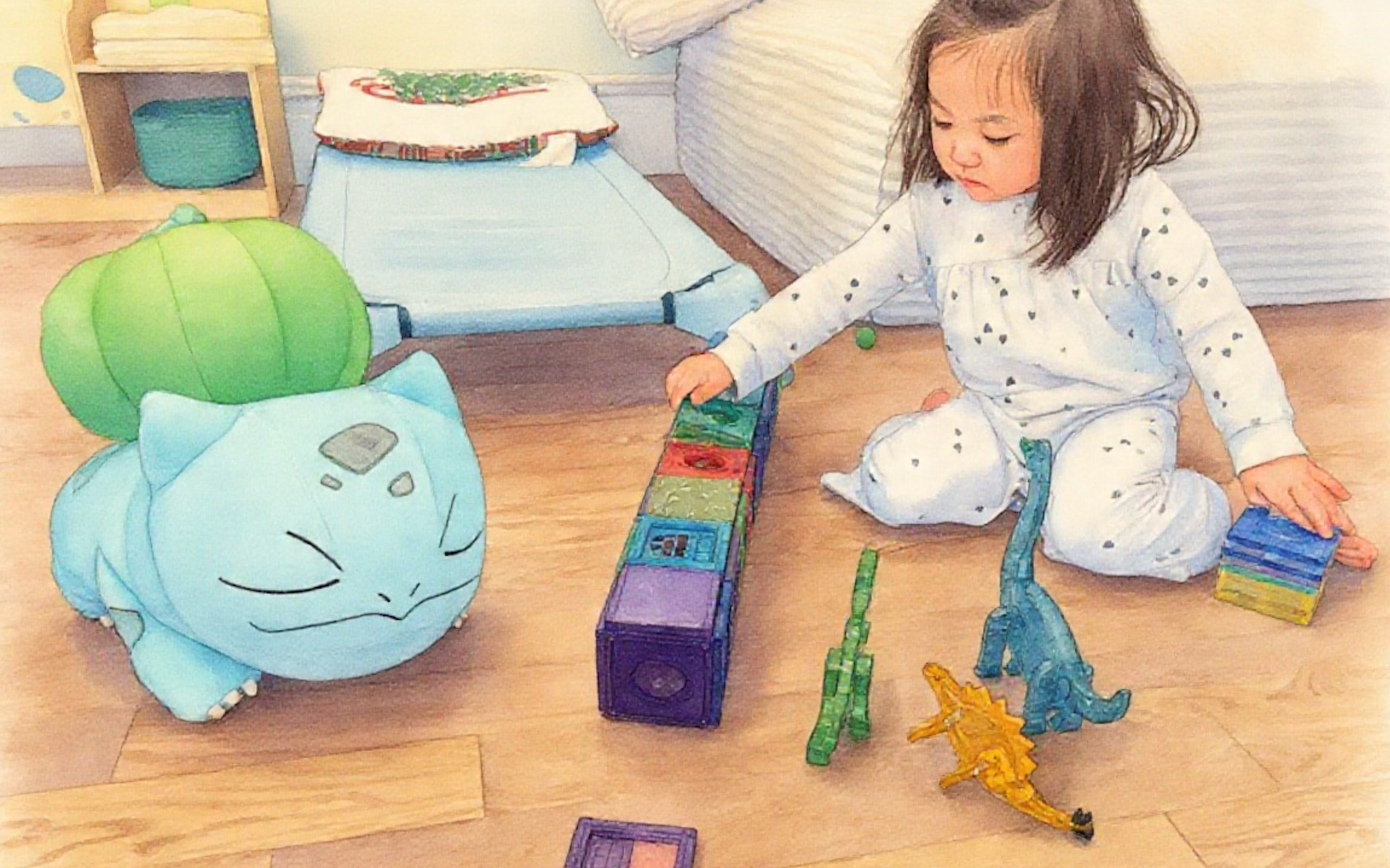 A child at Ivy Grove playing on the floor with colorful blocks and dinosaur toys