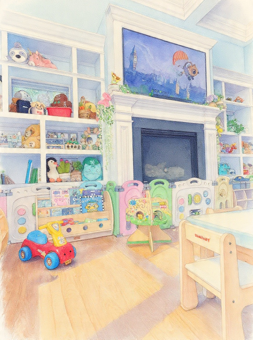 A soft watercolor-style illustration of the Ivy Grove playroom with books, child-sized furniture, and a cozy learning environment