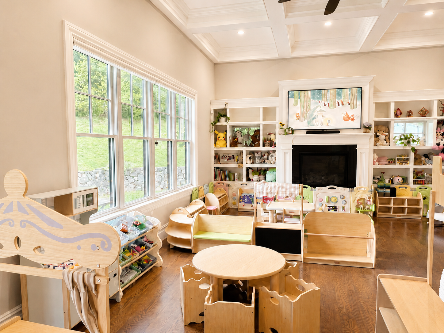 Bright Ivy Grove playroom with warm wood, large windows, and child-sized spaces for play