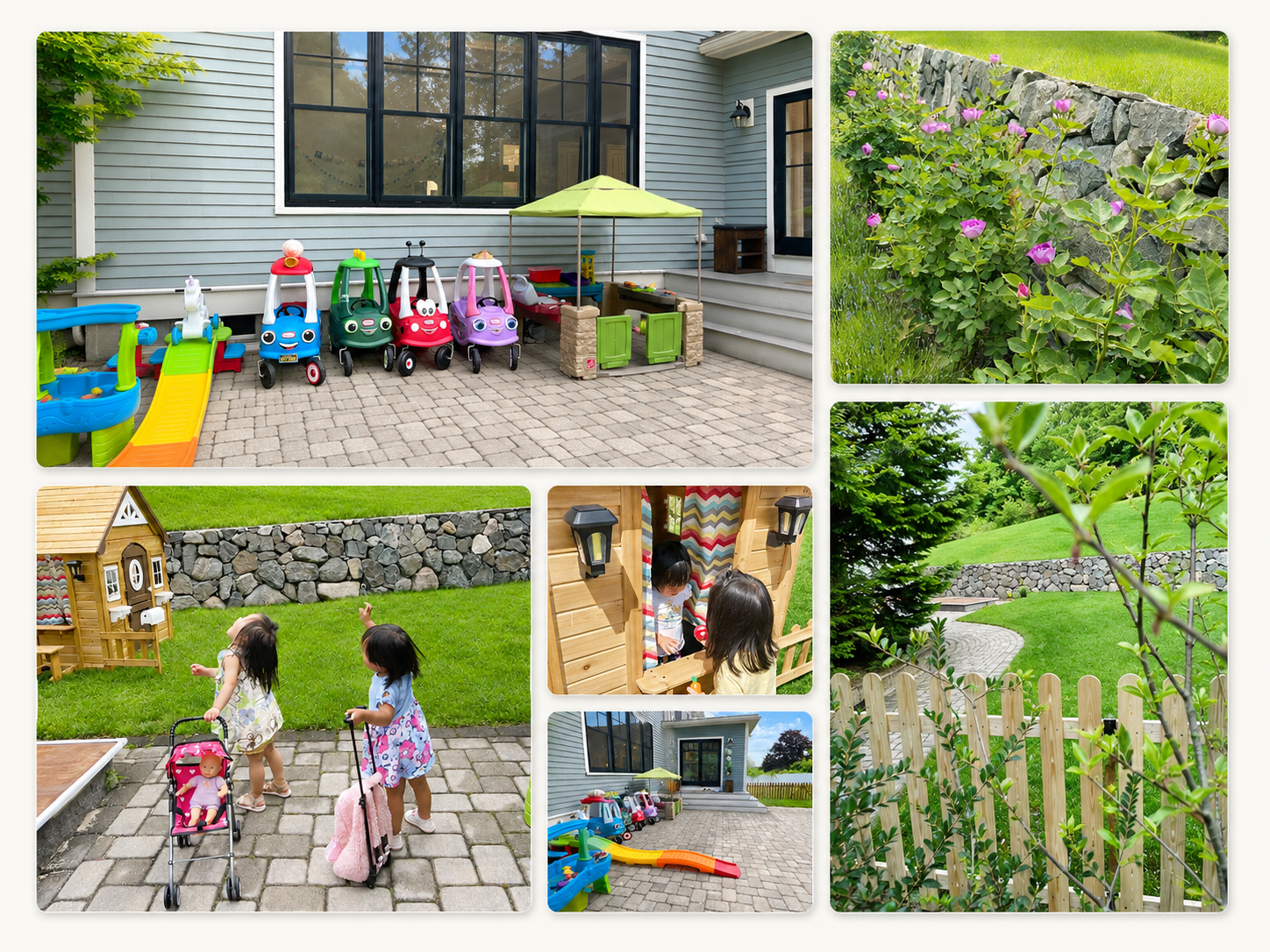 Outdoor collage showing backyard play spaces, flowers, children playing, and the patio area at Ivy Grove