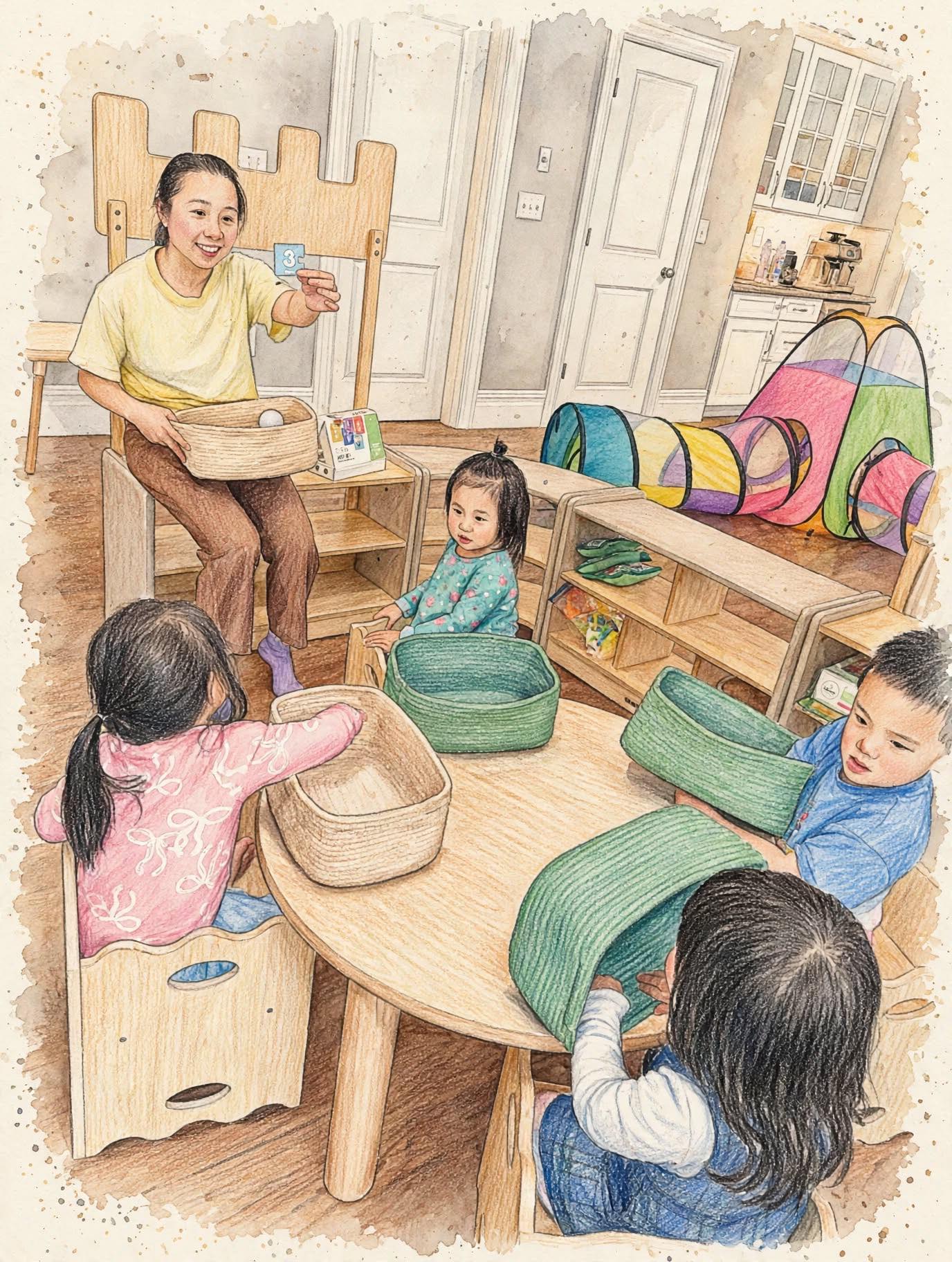 Teacher teaching with baskets holding number 3 card