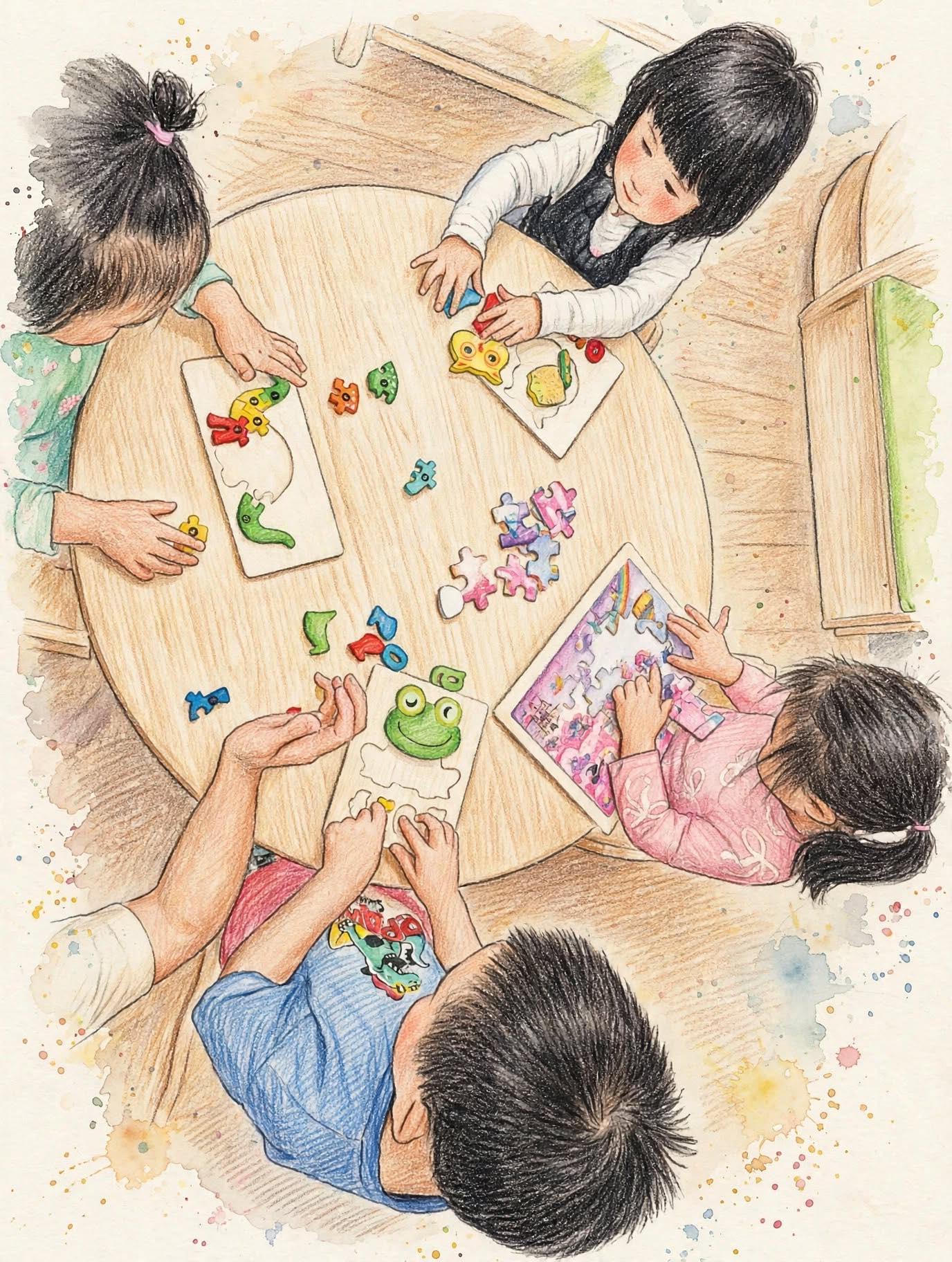 Four kids doing wooden puzzles at table, focused