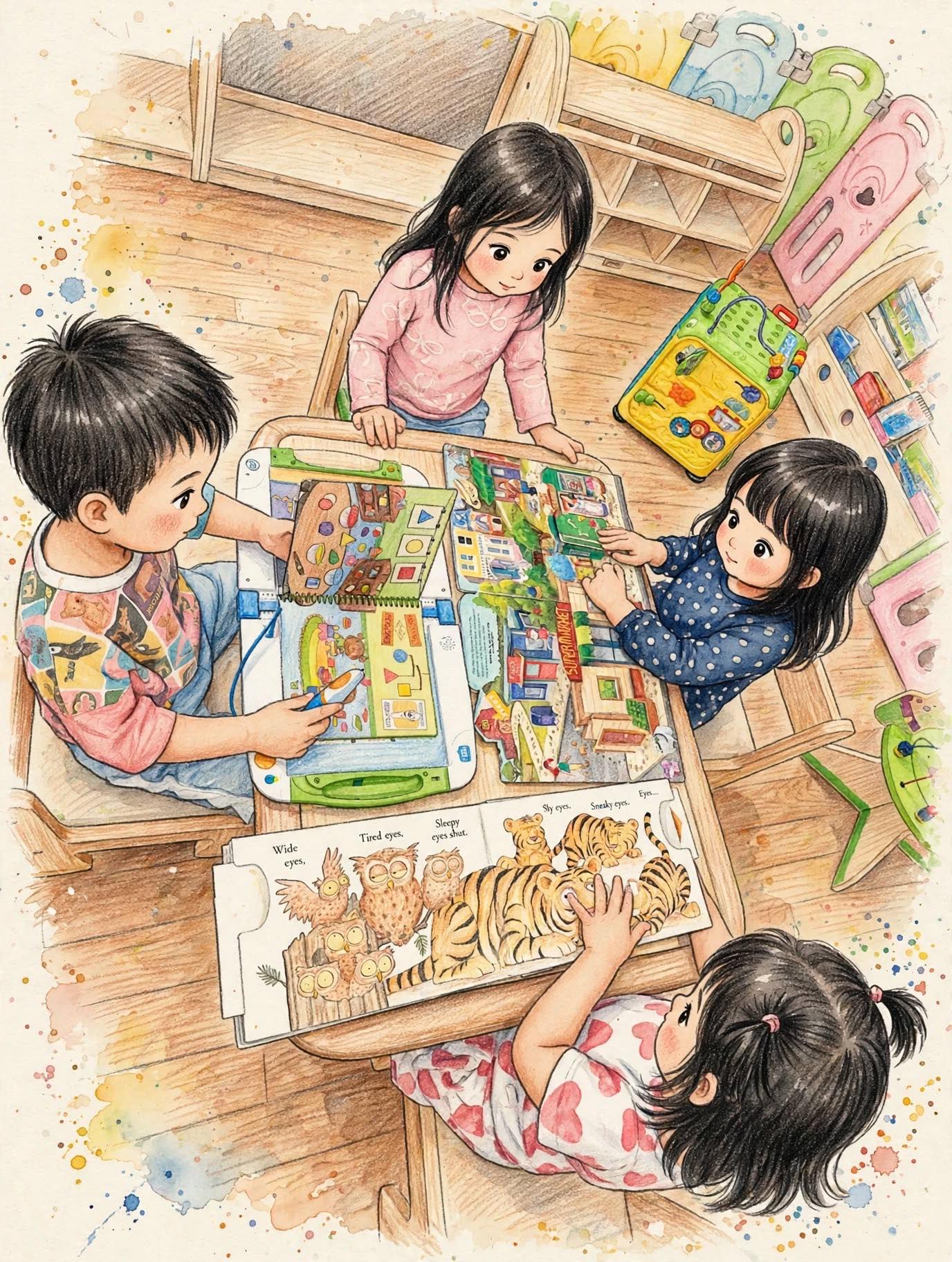 Kids at table with interactive books, LeapFrog tiger book