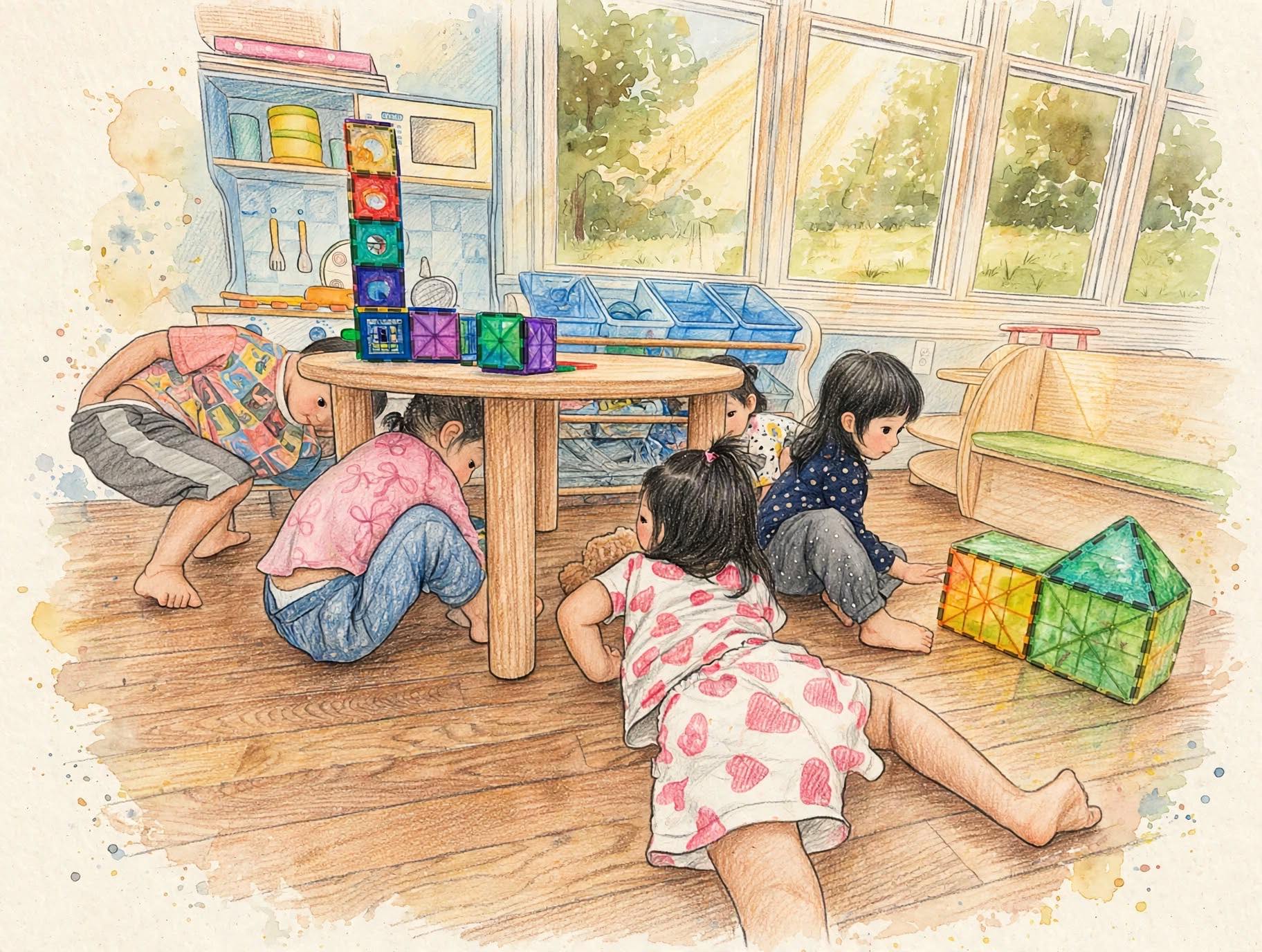Kids playing on floor and under table with magnetic tiles