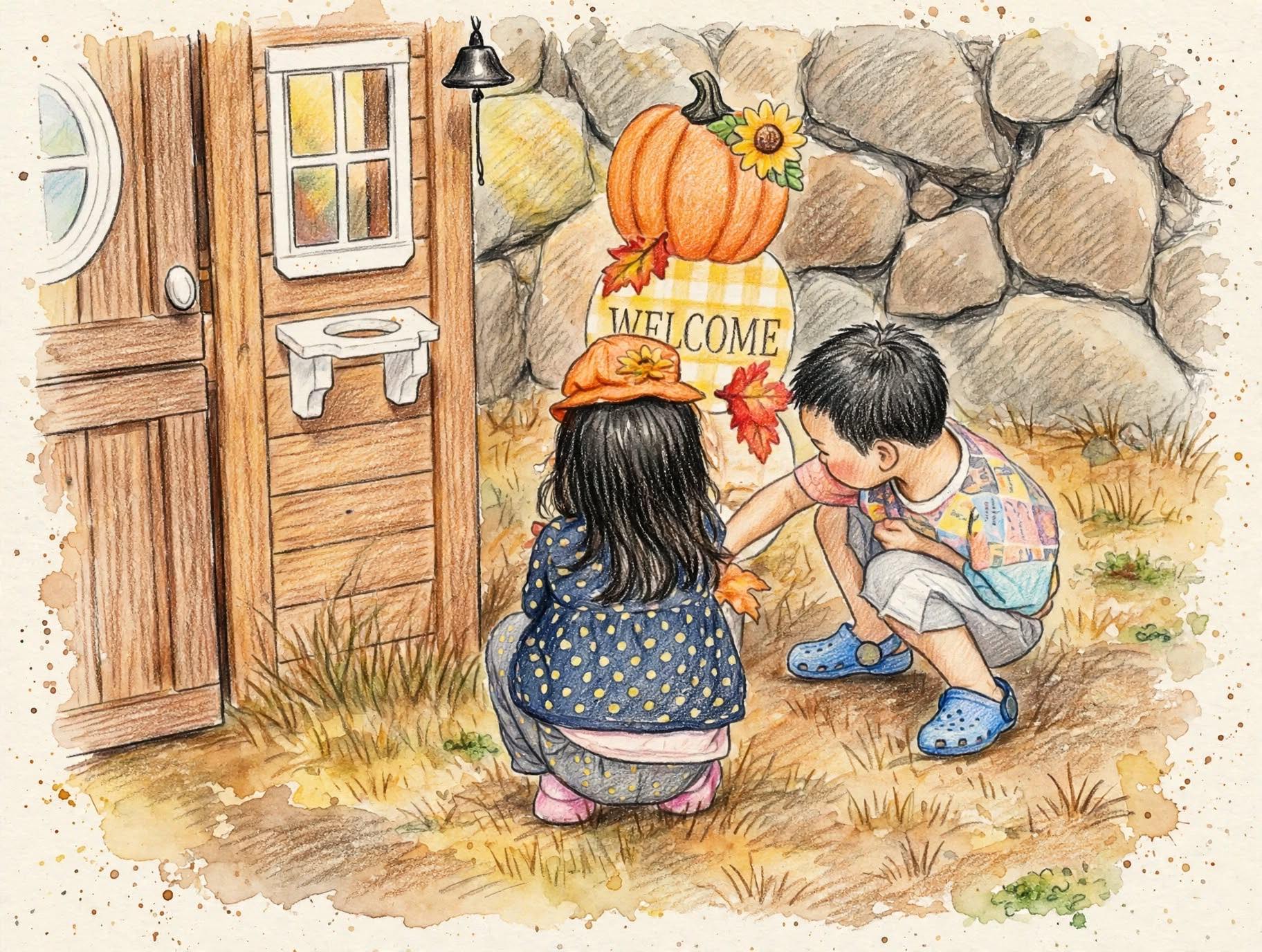 Two kids by wooden playhouse with welcome sign and big orange pumpkin