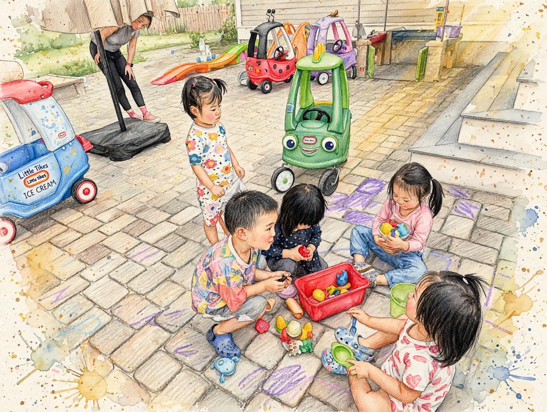 Kids outdoors on patio with toy cars and chalk drawings