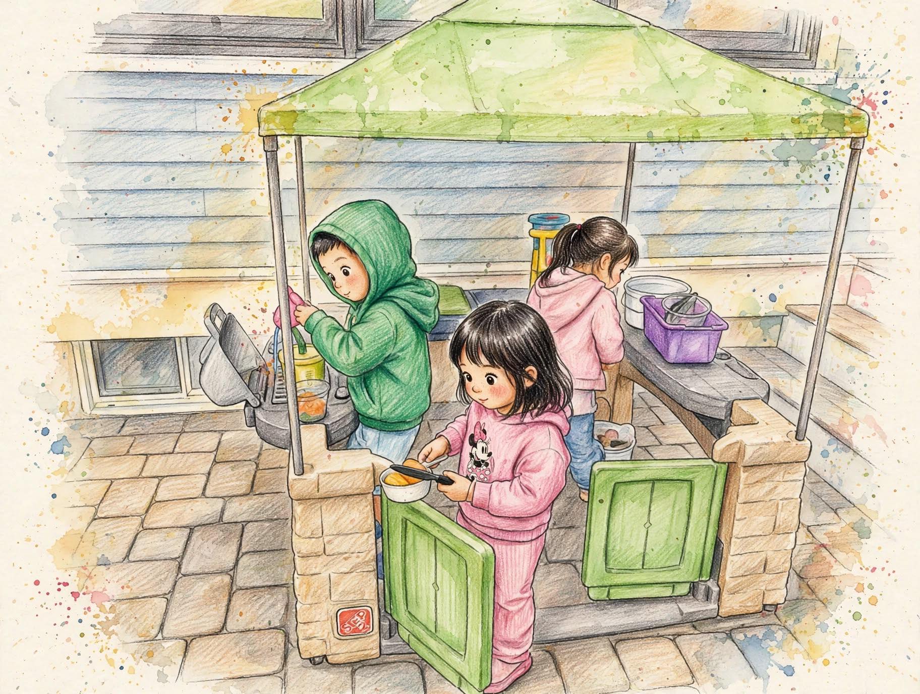 Kids at outdoor play kitchen under green canopy