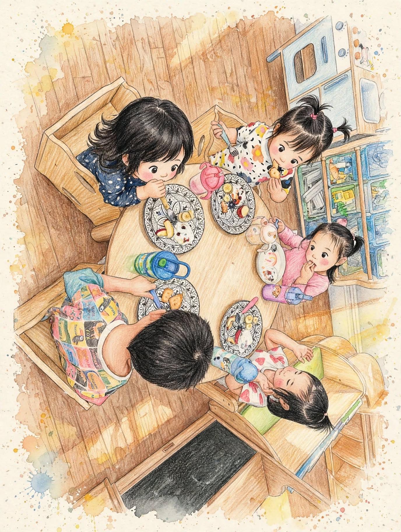 Five kids eating healthy snack at round table, top-down