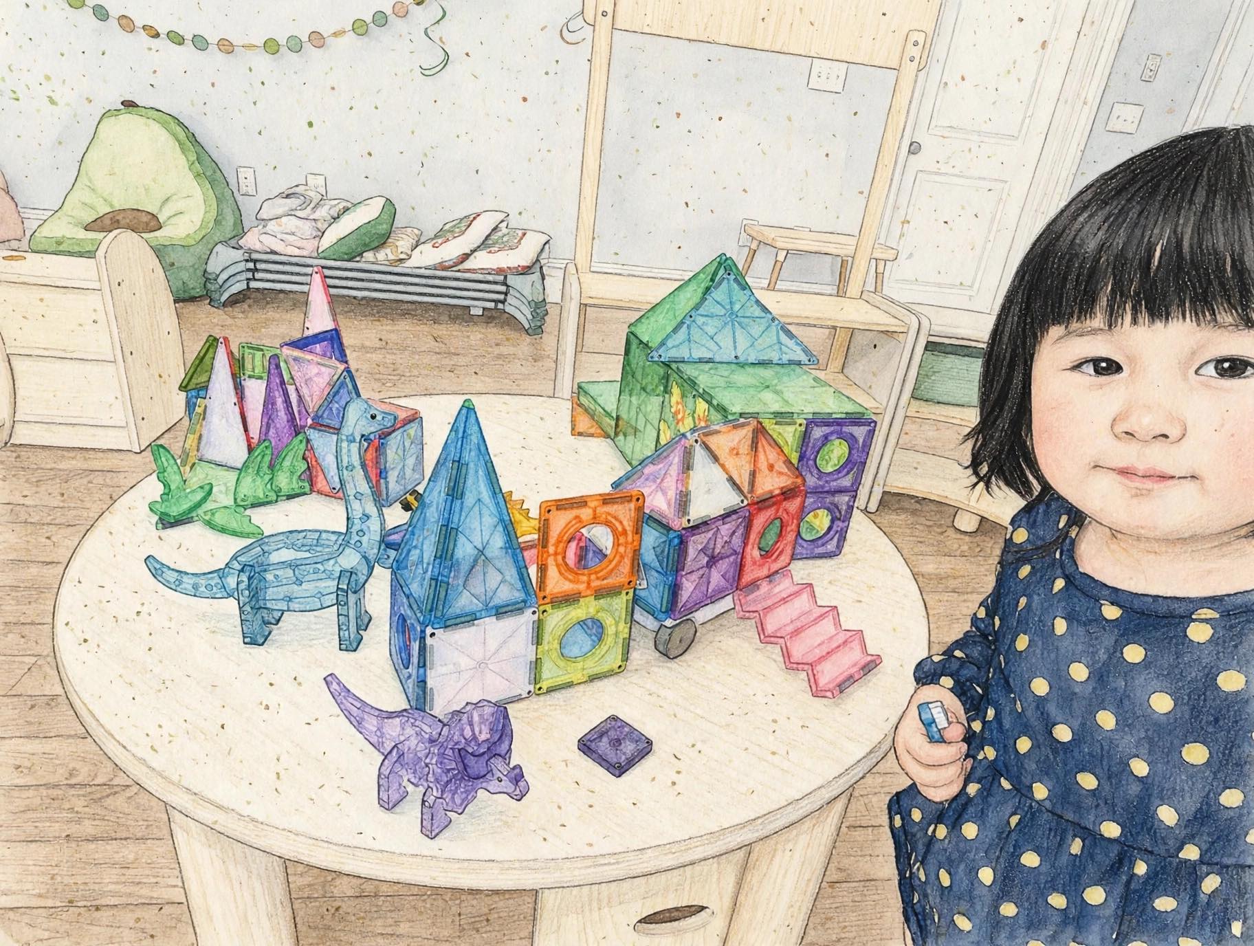Children building with magnetic tiles