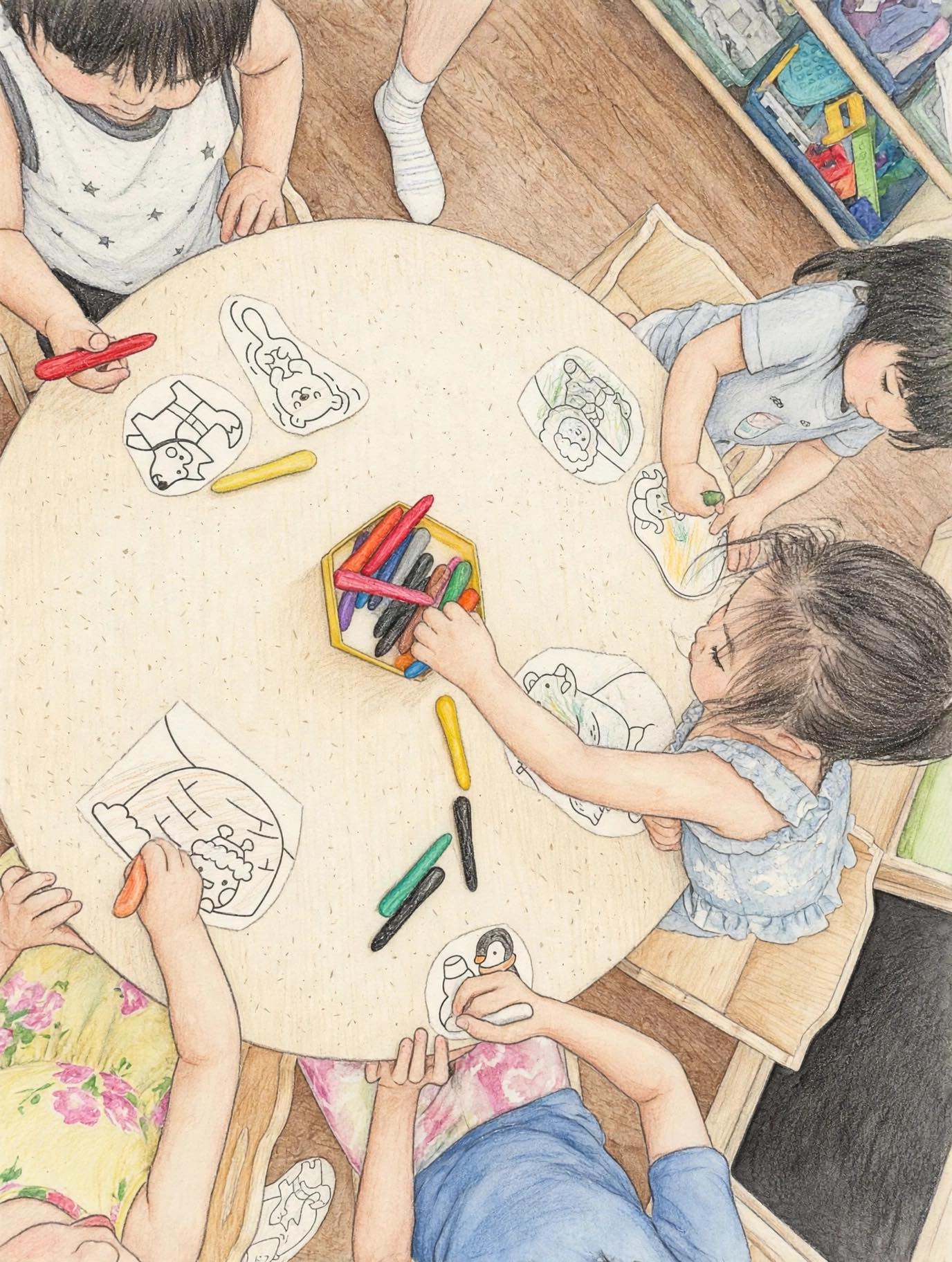 Children coloring at table