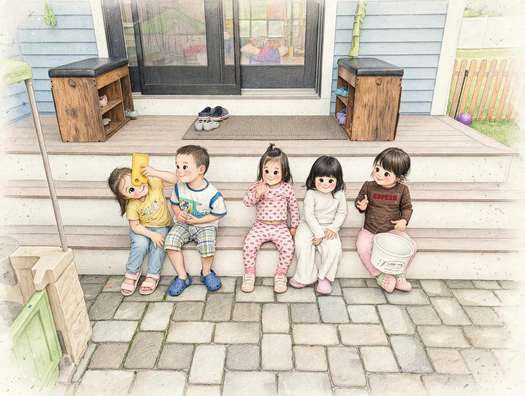 Five kids sitting on outdoor steps — our family of five
