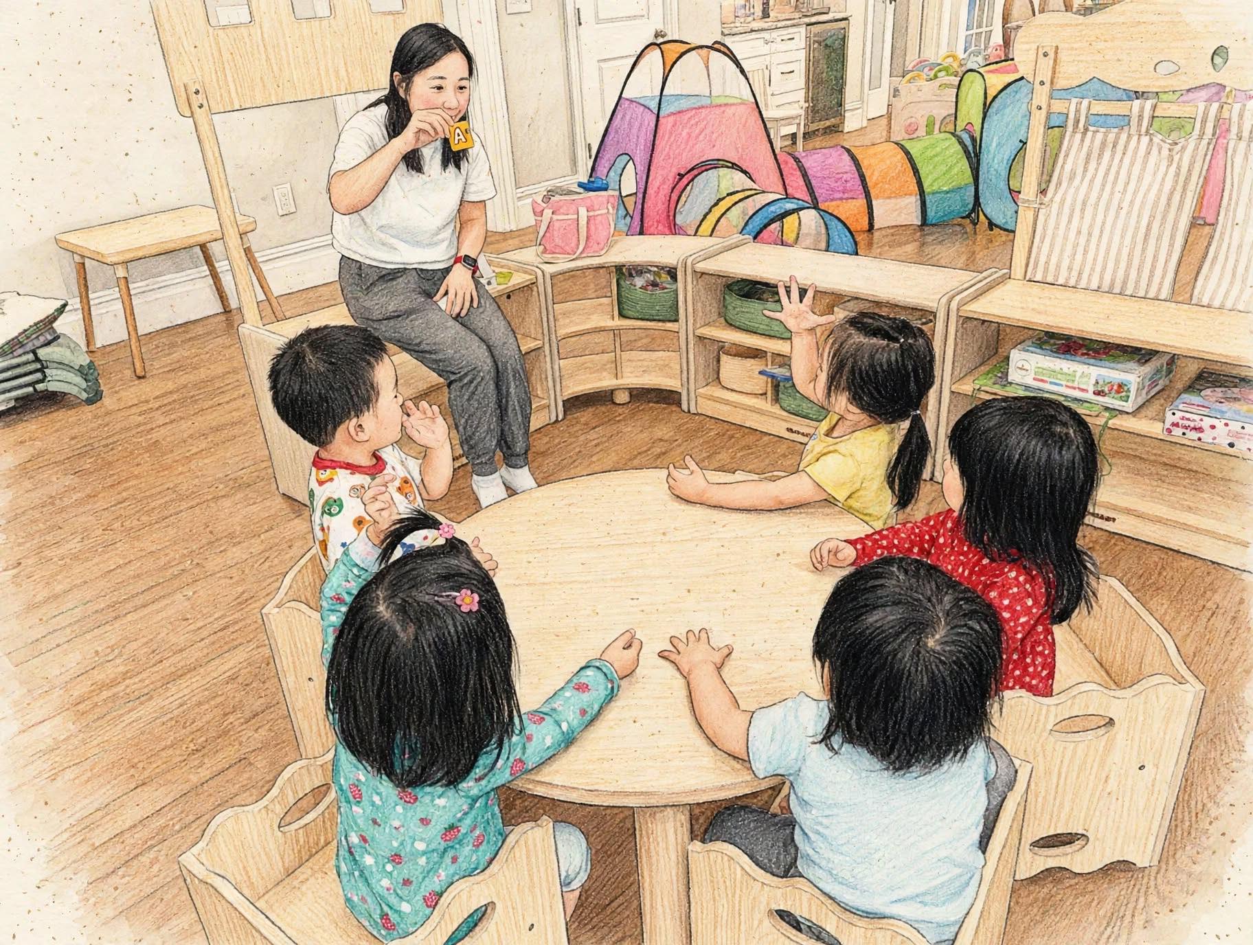 Teacher holding letter A flash card teaching 5 kids