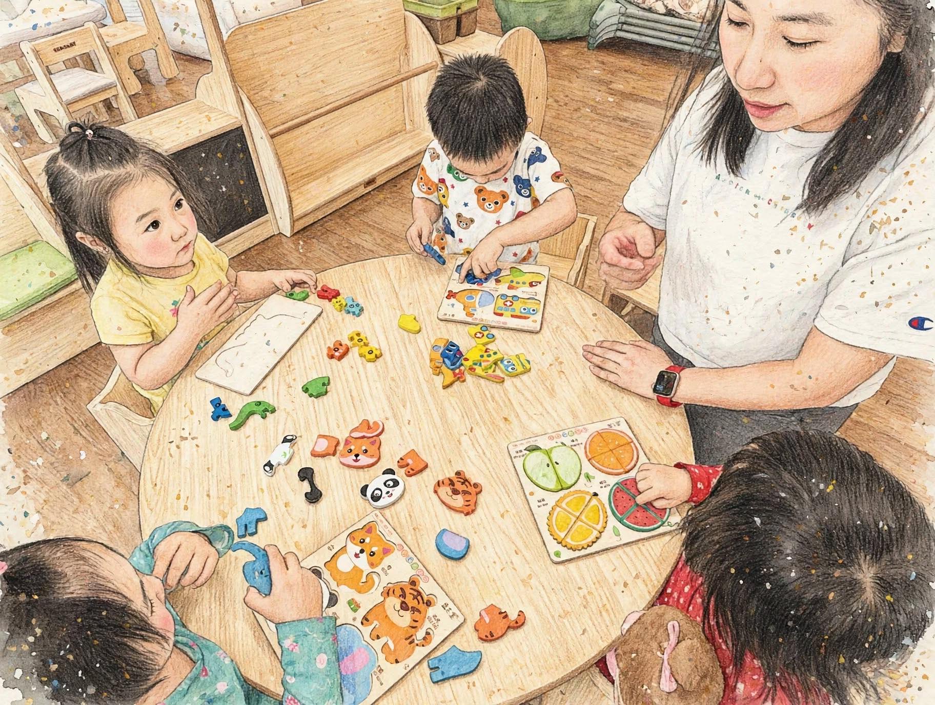 Teacher at table with kids doing wooden puzzles