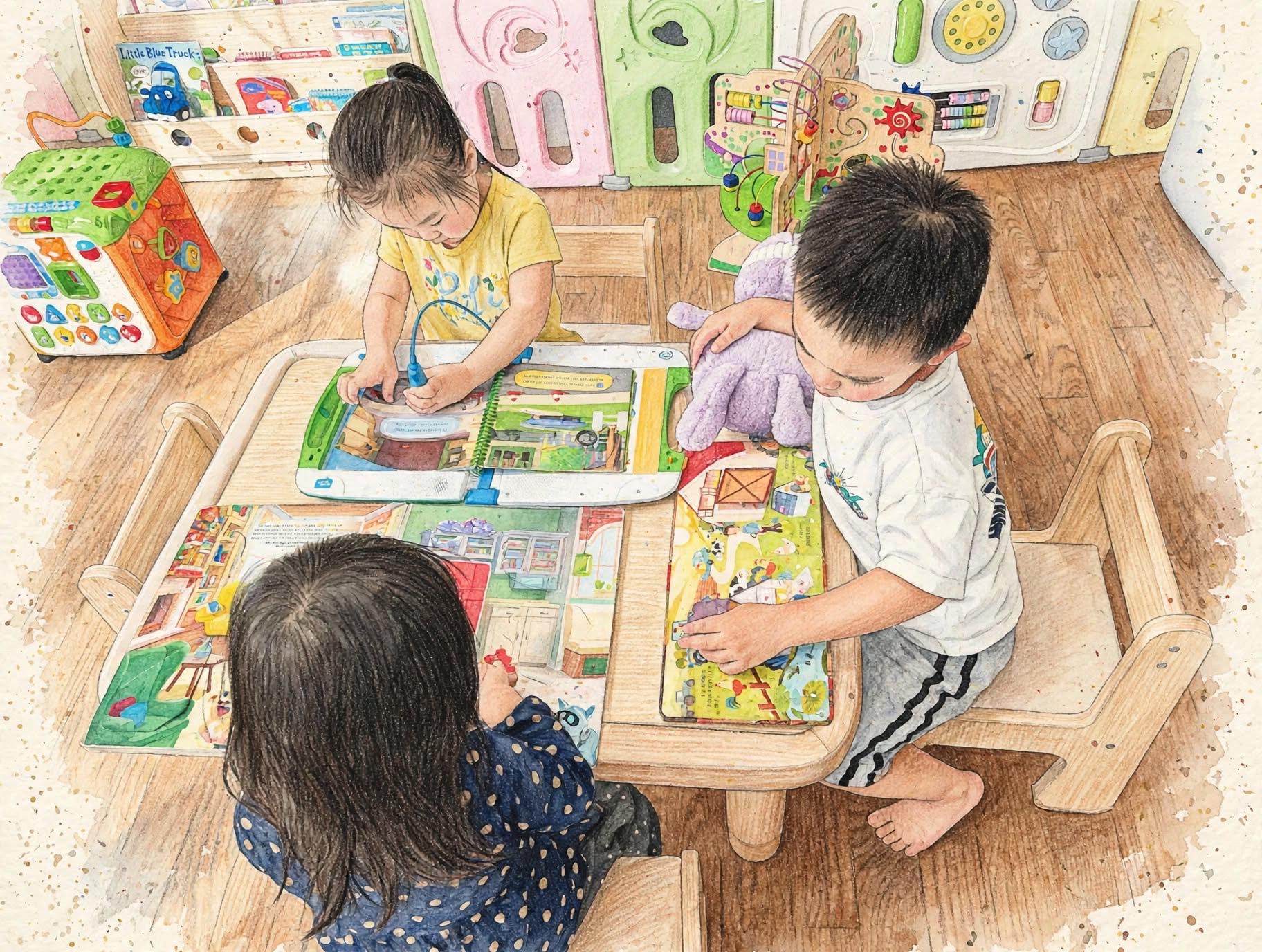 Five kids eating healthy lunch, top-down view