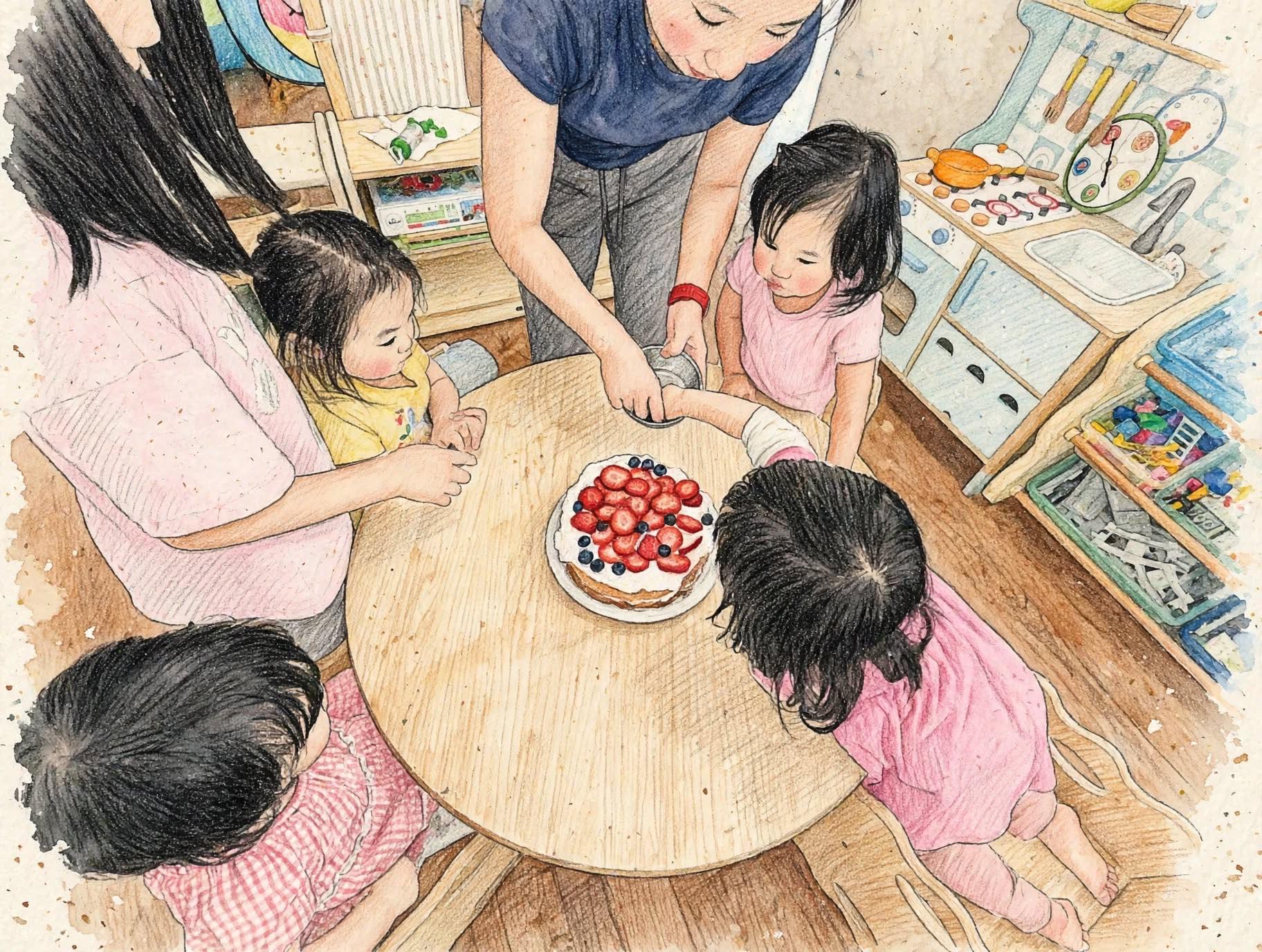 Teachers and kids decorating homemade strawberry cake
