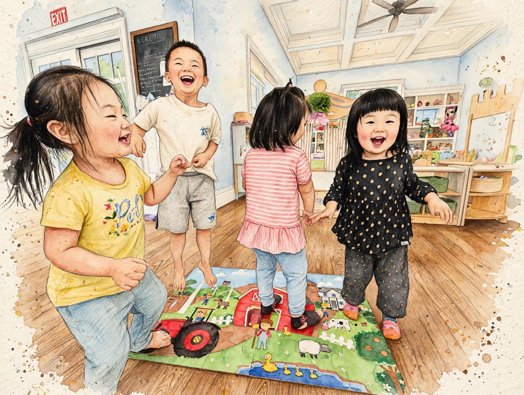 Kids dancing on farm puzzle rug, barefoot