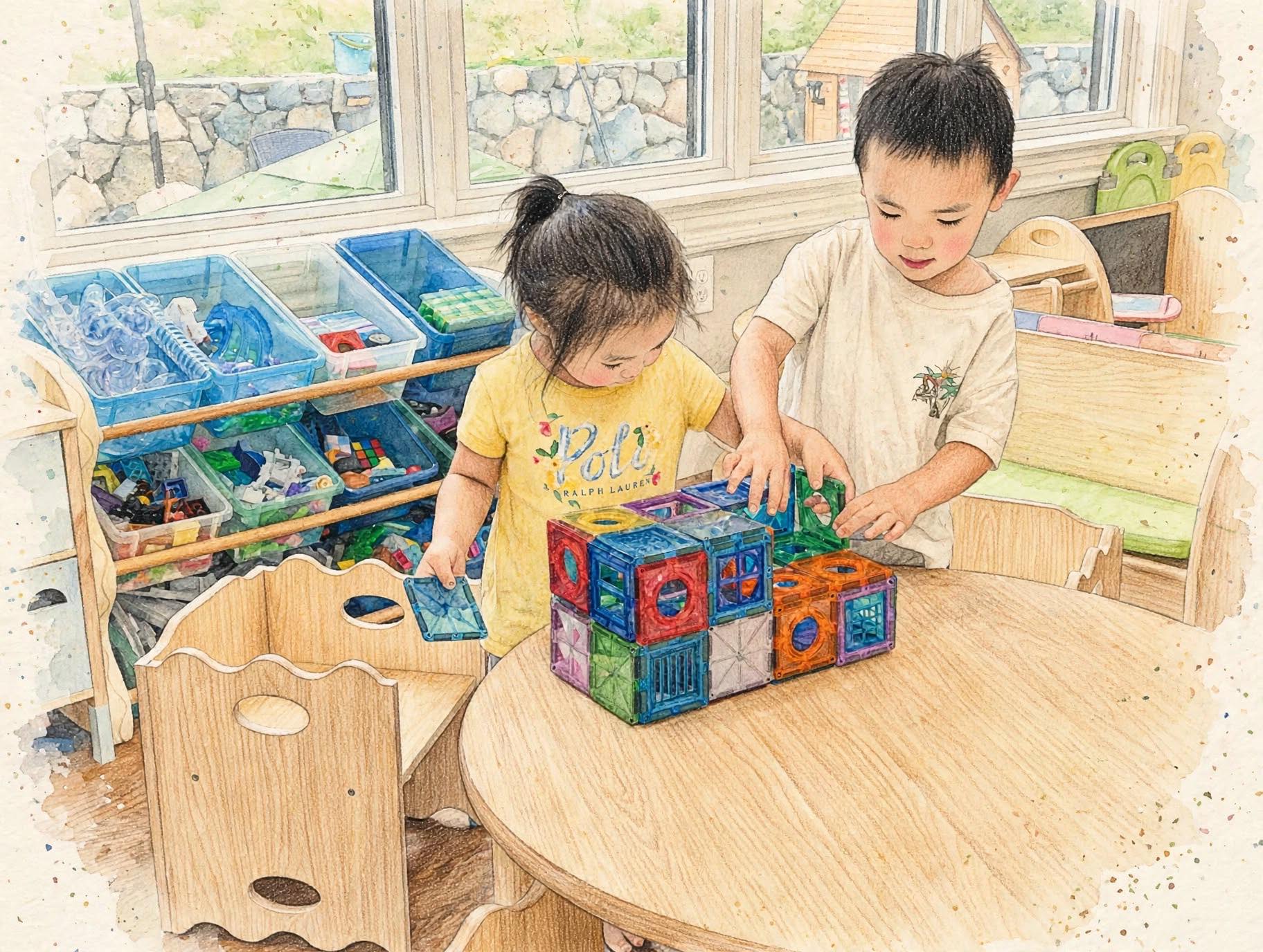 Two kids building colorful magnetic tiles together